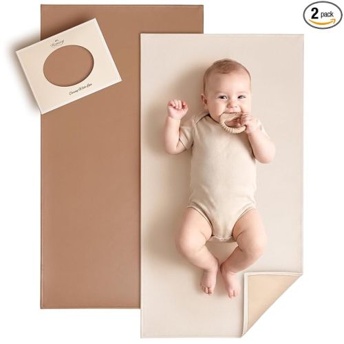 Konssy Faux Leather Baby Changing Mat, Waterproof, Wipeable & Portable Diaper Changing Pad for Travel or Home, Fits Perfectly in Diaper Bag, 30 x 17 inches (Brown,Beige)