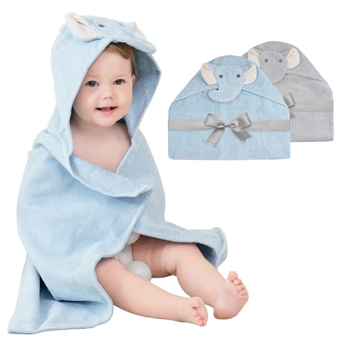 100% Cotton 2 Pack Baby Hooded Towel - Soft Baby Bath Towels - Baby Towels with Hood for Baby Girl and Boy Towels for Newborn with Unique Animal Design (Elephants)