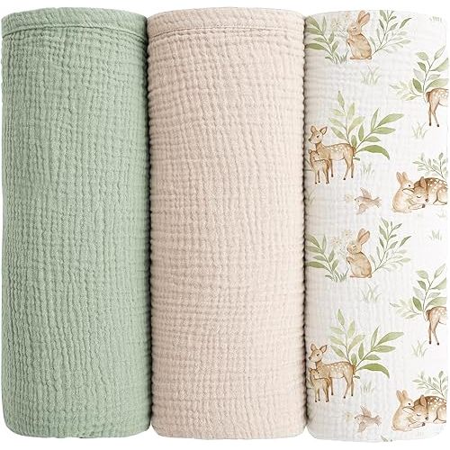 Konssy Muslin Swaddle Blankets for Baby Girls Boys, 3 Pack, Receiving Blanket Large 47 x 47 inches, Soft Breathable Muslin Baby Blanket for Unisex Newborn (Forest Sprite)