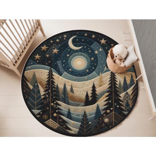 Round Night Sky Rug – Moon and Stars Mountain Forest Carpet, Cosmic Home Decor