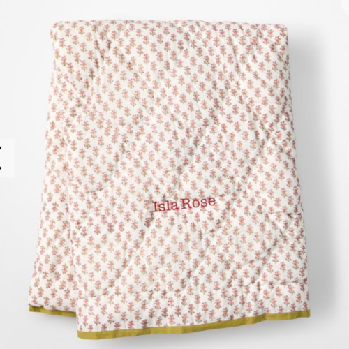 Block Print Quilted Blanket in White Flower