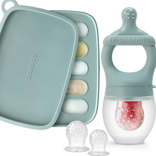 SAMiGO Baby Food Fruit Feeder and Breastmilk Popsicle Mold Set, Silicone Fruit Teether, Food Feeder Pacifier for Teething Relief, Freezer Tray, Baby Feeding Essentials, 4 Months+