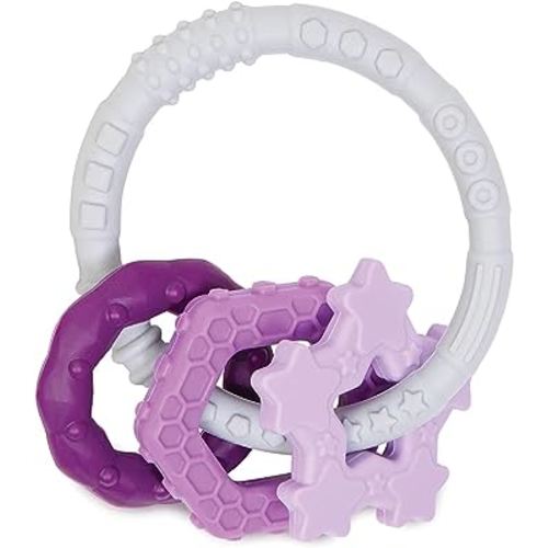 Bumkins Baby Teething Freezer Toy Keys Rings, Soft Flexible Pacifier to Chew, Cool Teether Gum Relief, Babies 3 Months, Freezable Platinum Silicone, Sensory Bracelet with Charms, Purple and Gray