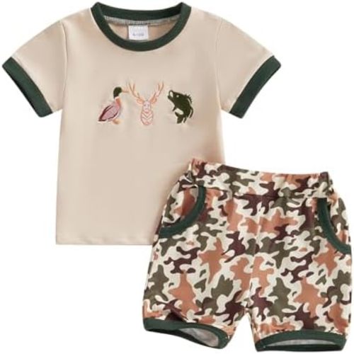 Toddler Baby Boy Summer Clothes Retro Embroidery Duck Hunting Shirts T-Shirt + Elastic Camouflage Shorts Set