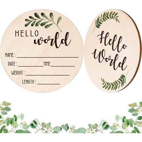 Baby Announcement Sign for Newborn - Beautiful Double-Sided Hello World Name Sign for Hospital Birth Announcement, The Perfect Round Wooden Welcome Baby Board for New Boy and Girl Gifts