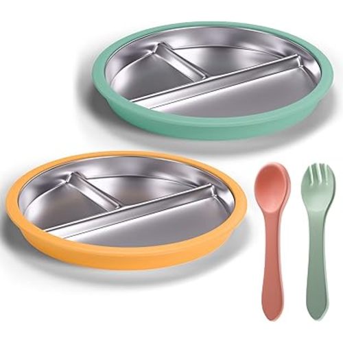 Stainless Steel Toddler Plate with Suction, 9” Divided Plates with Removable Silicone Sleeves for Kids, Non Toxic & BPA Free | Non Slip | Unbreakable Baby Snack Dishes Set of 2, Green & Orange