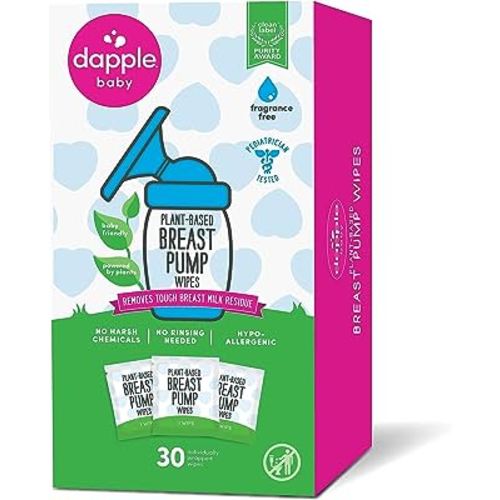 Breast Pump Wipes by Dapple Baby, Hypoallergenic & Powered by Plants, Removes Milk Residue, Leaves No Taste, Singles, Fragrance Free, 30 Count (Pack of 1)