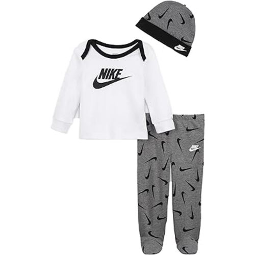 Nike Baby Boys Long Sleeve T-Shirt, Pants & Beanie Hat 3 Piece Set (W(56H572-GEH)/B, Newborn)