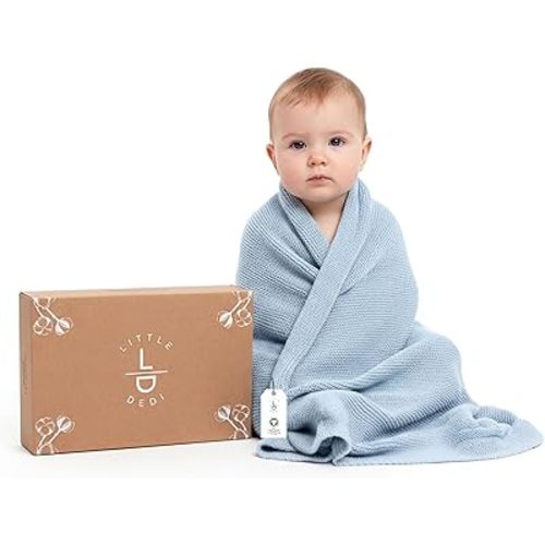 Organic Cotton Baby Blanket 30x40 in, Baby Blue – GOTS Certified, Soft Knit Swaddle with Gift Box, Breathable Nursery Blanket for Crib & Stroller, Machine Washable