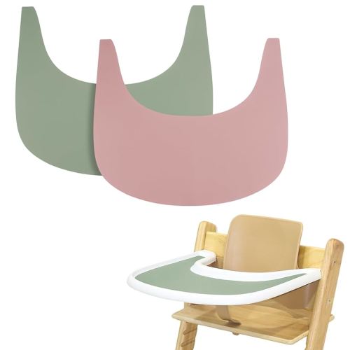 2 Pieces High Chair Placemat Silicone, Clean and Hygienic, Suitable for Tripp Trapp High Chair Tray (Green/Pink)