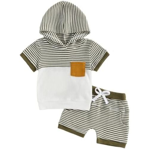 Toddler Baby Boy Summer Waffle Outfit Hooded Striped Knit Top Shorts Set Infant Summer Clothes 6 12 18 Months 2T 3T