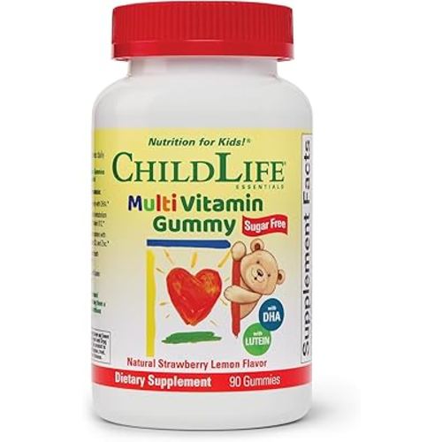 CHILDLIFE ESSENTIALS Multivitamin Gummies for Kids - Children's Vitamins, Kids Multivitamins with DHA, Sugar Free - Natural Strawberry, 90 Count