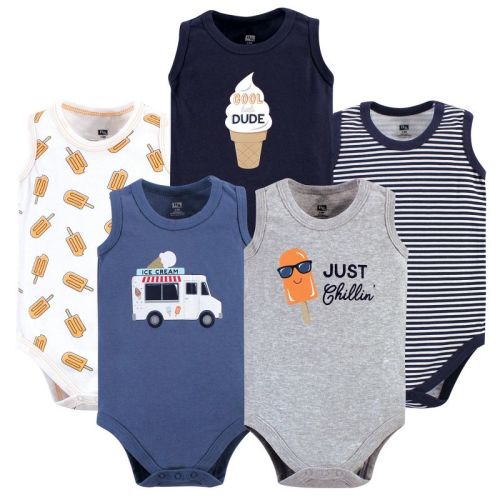 Hudson Baby Infant Boy Cotton Sleeveless Bodysuits 5pk, Ice Cream Truck