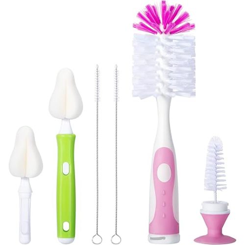 Baby Bottle Brush with One Base Hidden Nylon Nipple Cleaner, 2 Pcs Sponge Nipple Brushes, 2 Pcs Straw Brushes, Bottle Brush with Nipple Cleaner and Suction Cup (Pink)