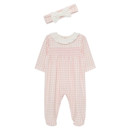 Check Smocked Bodice Cotton Footie & Headband Set (Nordstrom Exclusive)