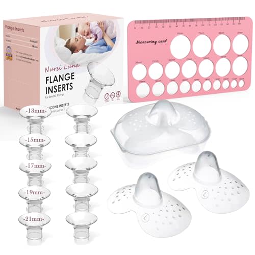 Flange Sizing Kit with Flange Inserts 13/15/17/19/21mm 10PCS, Nipple Measurement Tool and 2 24mm Silicone Nipple Shields, Breast Pump Flange Insert for 24mm Most Pumps, Pumping Breastfeeding Essential