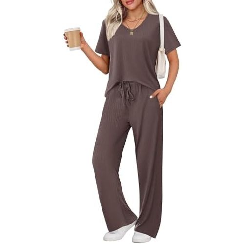 Ekouaer Womens Ribbed Knit Lounge Set Short Sleeve Top and Long Pants Sleepwear Pajama Set Two Piece Matching Outfits Set