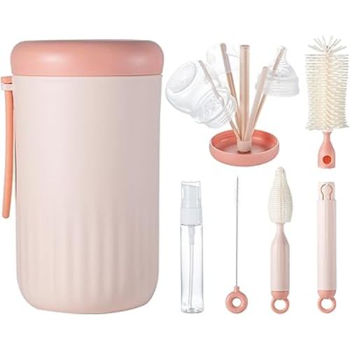 Travel Bottle Cleaner Kit, 6-in-1 Baby Bottle & Accessory Brush Set, Drying Rack, Organizer, Pink - Baby Travel Essentials & Gifts for New Moms