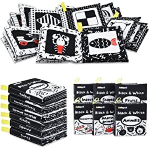 Dr.Rapeti Soft Cloth Books Baby Books Bath Books 6-Pack for Baby Infant Toddler Kids High Contrast Black and White Crinkle Washable Chewable Non-Toxic Early Educational Giftable - Black+white