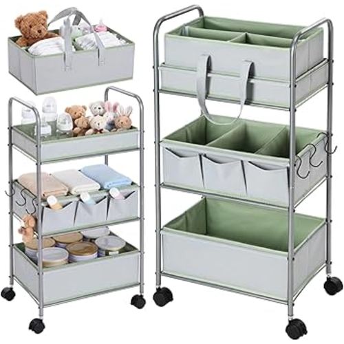 2in1 Colorful Baby Diaper Caddy Organizer Cart 3 Tier Large Capacity Metal Utility Bedside Rolling Cart with Divider for Newborn Nursery Essential Must Have Crib Bedroom Baby Shower(Green)