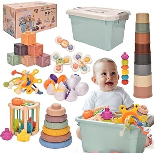 Montessori Toys for 1 Year Old,Baby Toys 6-12 Months,Stacking Building Blocks & Soft Infant Teething Toys & Matching Eggs for Toddlers 0-3-6-9-12 Months,Baby Boys&Girls Gifts(7 in 1)