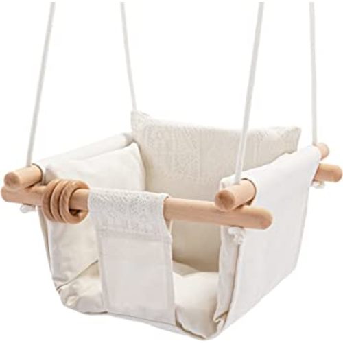 Mlian Secure Canvas and Wooden Baby Hanging Swing Seat Chair Indoor and Outdoor Hammock Backyard Outside Swing Kids Toys Swings 6-36 Months with Lace Décor Cushion and Natural Wooden Ring, Beige
