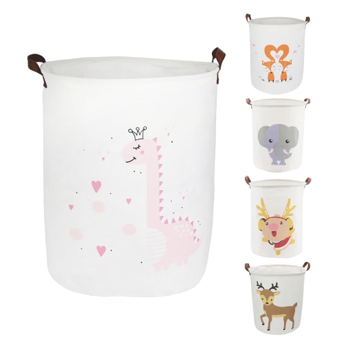 Laundry Basket, Collapsible Large Laundry Hamper Waterproof with Leather Handle, Dirty Clothes, Baby Kids Toy Storage Baskets Dorm - Pink Dinosaur