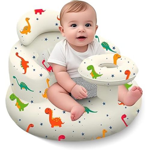 Inflatable Baby Seat with Tray, Blow up Infant Chair for Babies 3 Months and up, Comfortable Baby Floor Seats for Sitting Up, Built in Air Pump with Back Support Toddler Waterproof Sofa (Dinosaur)