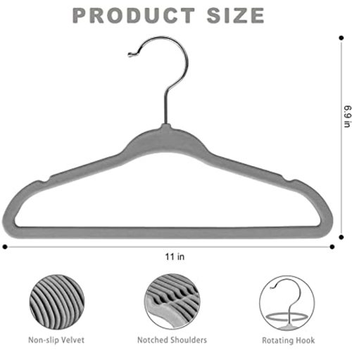 BAGAIL Kids Velvet Hangers 11” Inch Children's Clothes Hangers Non-Slip Baby Hangers for Infant/Toddler (Grey,50pack) - Gray - Baby-50 Pack
