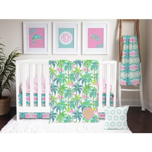 Preppy Crib Bedding Set for your Tropical Baby Girl Nursery | Crib Sheet, Crib Skirt, Monogrammed Baby Blanket, Nursery Pillow | Pink, Lime