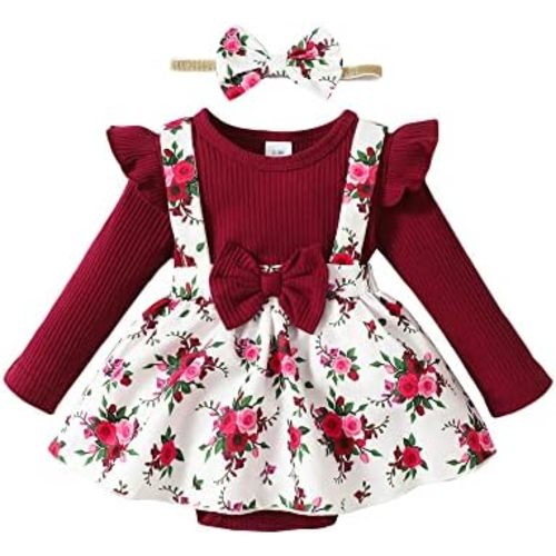 Baby Girl Winter Clothes Toddler Girl Spring Outfit Long Sleeve Ruffle Romper Suspender Skirt Headband Set