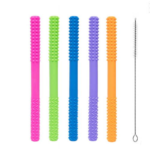 Flexible Hollow Teething Tubes (5 Pack-6.8 Inches), Soft Silicone Teething Toys for Babies Infants 0-12 Months, 5 Colors Silicone Stick Shape Teether Toys with a Cleaning Brush