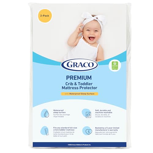 Graco Premium Waterproof Crib and Toddler Mattress Protector (2 Pack) – GREENGUARD Gold Certified, Machine-Washable & Dryer-Friendly, Waterproof Sleep Surface, Fits Crib & Mattress