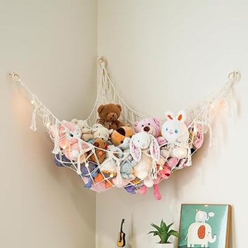 Macrame Stuffed Animal Hammock | Corner Stuffed Animal Storage & Boho Plushie Net | Toy Hammock for Stuffed Animals w/Lights | Hardware Included | White Bedroom Decor | by Lilly's Love
