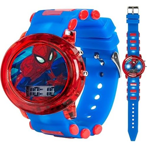 Marvel Spider-Man Kids' LCD Watch – Flashing LED Bullet Band, Digital Time Display, Red & Blue Design, Durable Plastic Case, Adjustable Silicone Strap – Fits Wrists 5.5" to 8"