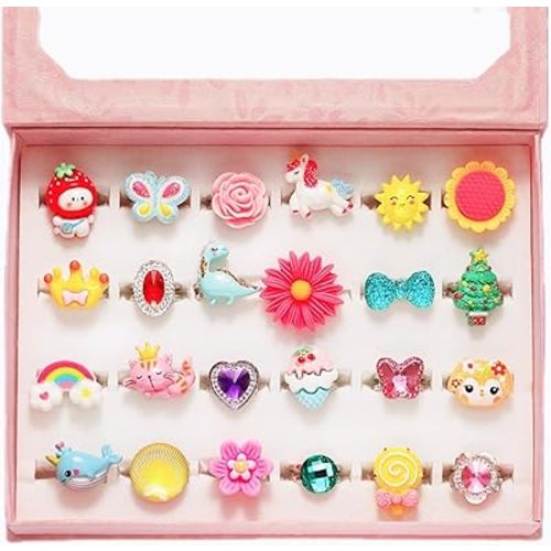 PinkSheep Little Girl Jewel Rings in Box, Adjustable, No Duplication, Girl Pretend Play and Dress Up Rings (24 Lovely Ring)