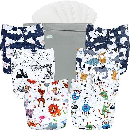 wegreeco Cloth Diapers 6 Pack with 6 Inserts & 1 Wet Bag, Washable Cloth Diapers for Babies, One Size Adjustable Reusable Diapers Baby (Cool Animals)