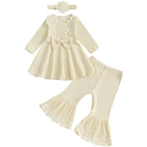 Toddler Baby Girls Fall Winter Outfit Lace Embroidery Clothes Toddler Kids Long Sleeve Tops Bell-bottom Pants Set