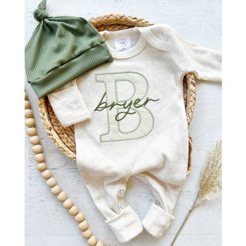 Custom green baby romper with fold over footies, and olive hat set, personalized coming home outfit, baby shower gift, Christmas outfit