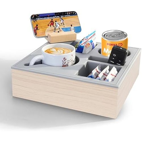Couch Cup Holder Tray, Drink Holder for Remote/Snacks/Beverage, Soft Food Grade Silicone Acacia Wooden Couch Caddy for Bed/Car Seat/Beach Organizer (Grainy)