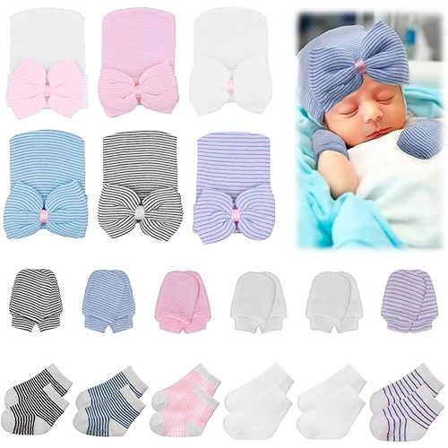 Newborn Baby Girl Hats Mittens and Baby Grip Socks Set Bows Caps Beanies Baby Non Slip Socks Cotton Gloves for Preemie Infant 0-6 Months Girls, 6 Sets