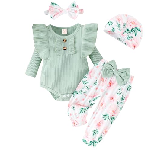 GDTOGRT Baby Girl Clothes Infant Newborn Outfits Romper Pants Cute Bow Headband Hat Sets for Baby Girls (0-3-6-12-18 Months)