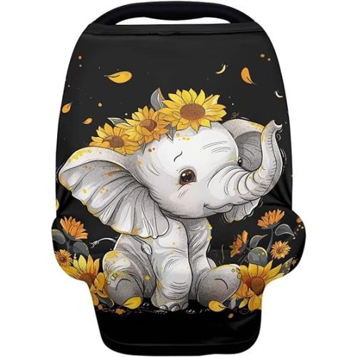 ZFRXIGN Elephant Sunflower Baby Car Seat Cover Cute Nursing Breathable Scarf Carseat Canopy Multi-Use Cover Ups for Stroller High Chair Shopping Cart Gifts Animal Black