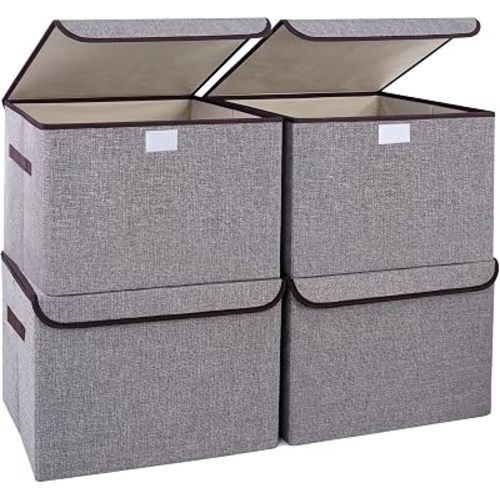 Bagnizer Large 22 Quart Linen Fabric Foldable Storage Bin Cube Organizer Basket with Flip-Top Lid & Handles, Clothes Blanket Box for Home, Office, Closet, Gray, 4 Pack 14.6 x 9.5 x 9.5”