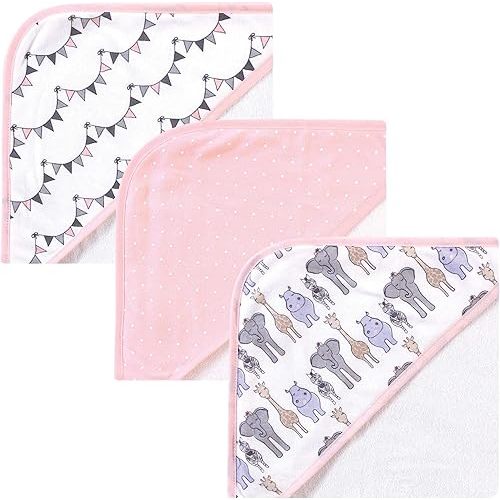 Hudson Baby Unisex Baby Cotton Rich Hooded Towels, Pink Safari, One Size