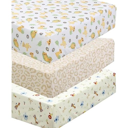 Danica 100% Cotton Fitted Baby Crib Sheet 3 Pack for Baby Boys Girls |Standard Crib and Toddler Mattress Sheets | 28x52 Inch (Lion King Elephant)