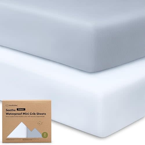 2-Pack Pack and Play Sheets, Waterproof Mini Crib Sheets Fitted - Organic Cotton Pack N Play Sheets for Graco Pack and Play Mattress, Playard Baby Crib Sheets, Neutral for Boy,Girl,Toddler (Blue Flax)