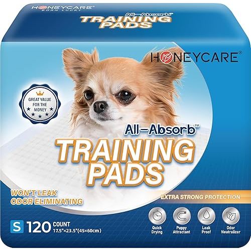 Honey Care All-Absorb, Small 17.5" x 23.5", 120 Count, Dog and Puppy Training Pads, Ultra Absorbent and Odor Eliminating, Leak-Proof 5-Layer Potty Training Pads with Quick-Dry Surface, Blue, A05
