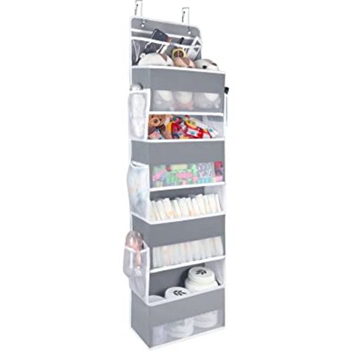 Univivi Over the Door Organizer, 5 Shelf Door Hanging Organizer Nursery Door Storage with 4 Large Compartments and 2 Small PVC Pockets 6 Side Pockets for Bathroom,Cosmetics and Nursery Baby Essential
