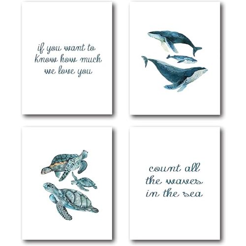 XWELLDAN Watercolor Nautical Whale Ocean Sea Turtle Love You Wall Art Prints,Baby Shower Gifts for Boys Kids,Nursery Wall Art Decor for Kids Bedroom,8 x 10 Inch Set of 4 Prints,Unframed